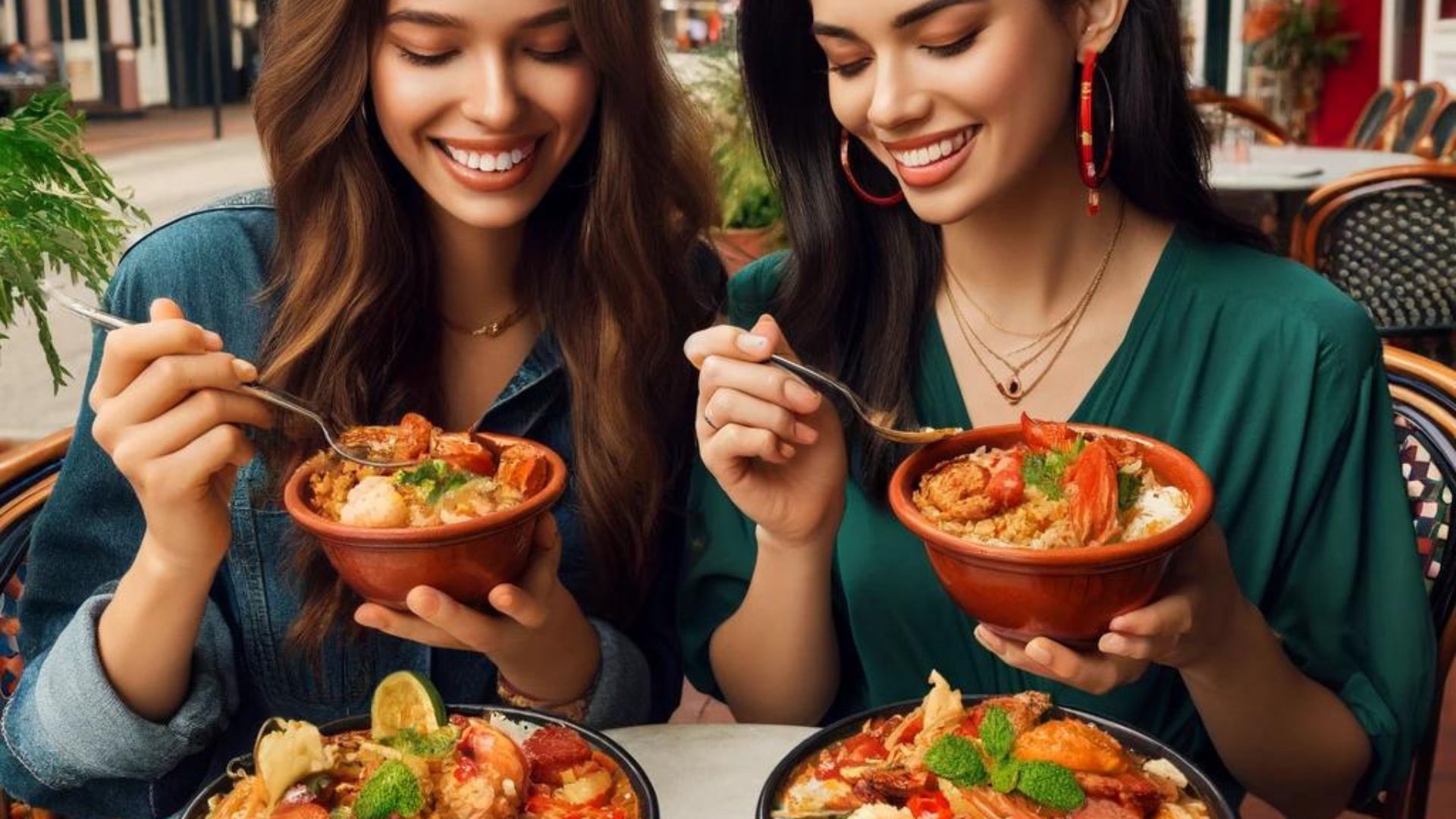 Two women sitting across from each other at an outdoor cafe, enjoying bowls of Jambalaya