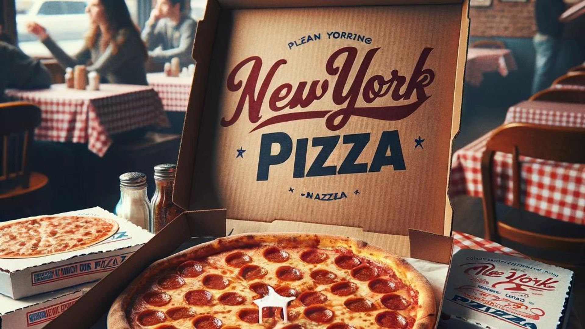 A pizza in a box in a New York pizzeria.