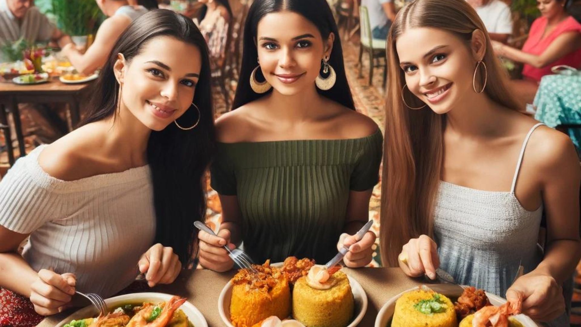 Three Puerto Rican women enjoying Mofongo in a restaurant with other people in the background.