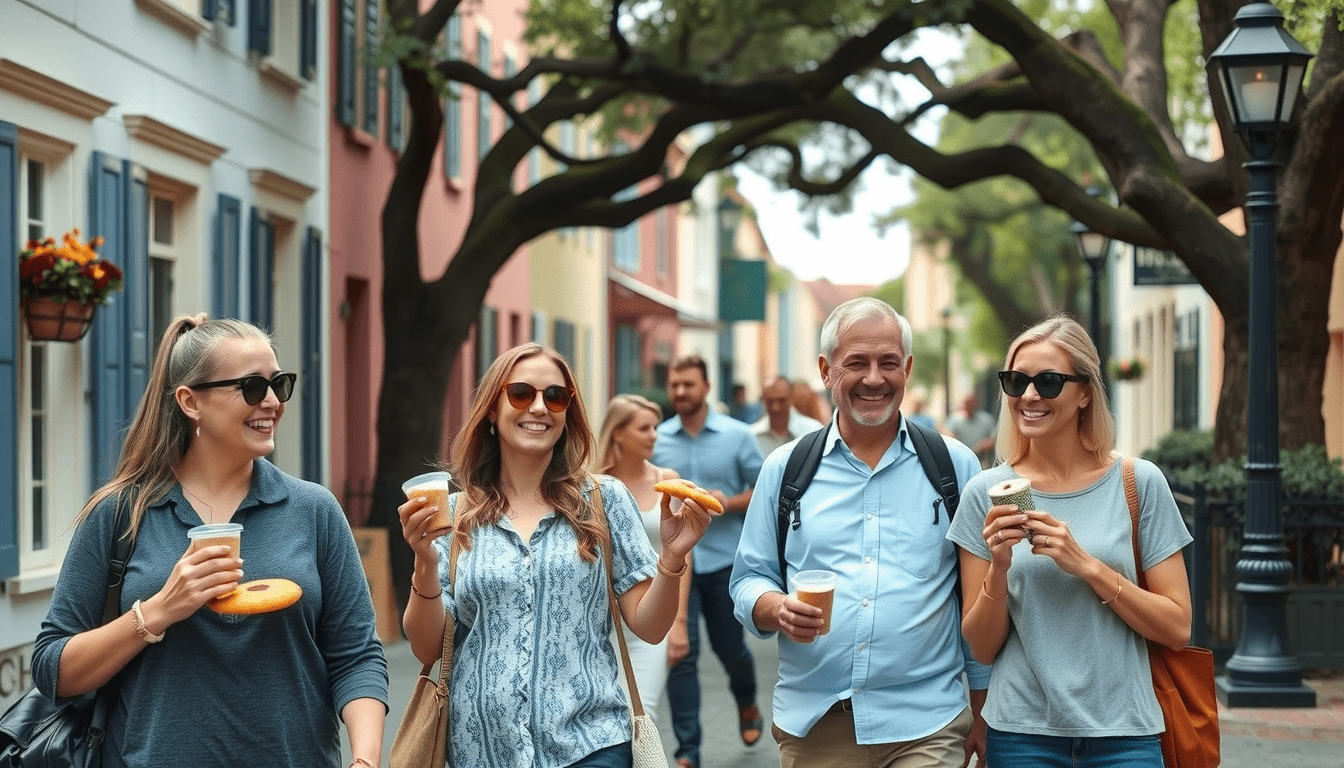 image of a small group of happy tourists on a Charleston walking food tour
