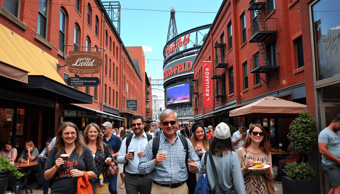 A photo realistic image of a Denver LoDo District food tour during the afternoon a group of food lovers