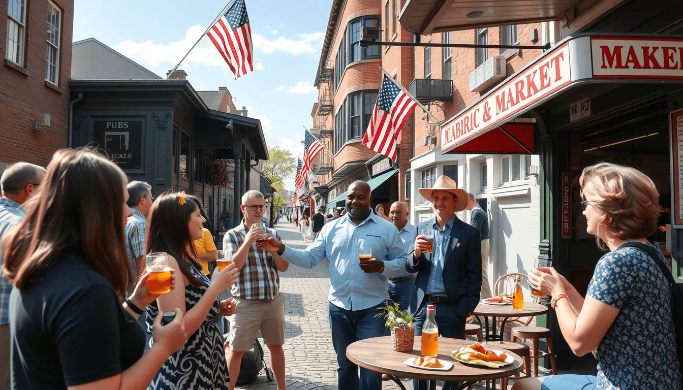 A photo realistic image of a small group on a food tour in Baltimore s Fells Point