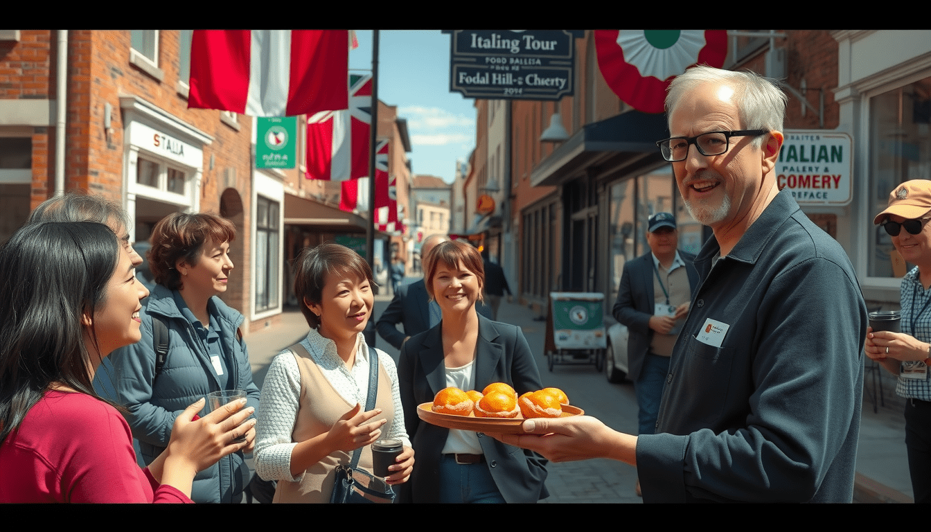 A photo realistic image of a small group on a food tour in Providence s Federal Hill