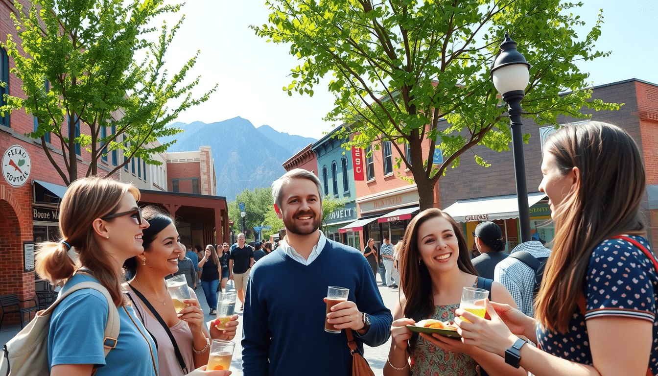 A photo realistic image of a small group on a food tour in downtown Boulder Colorado