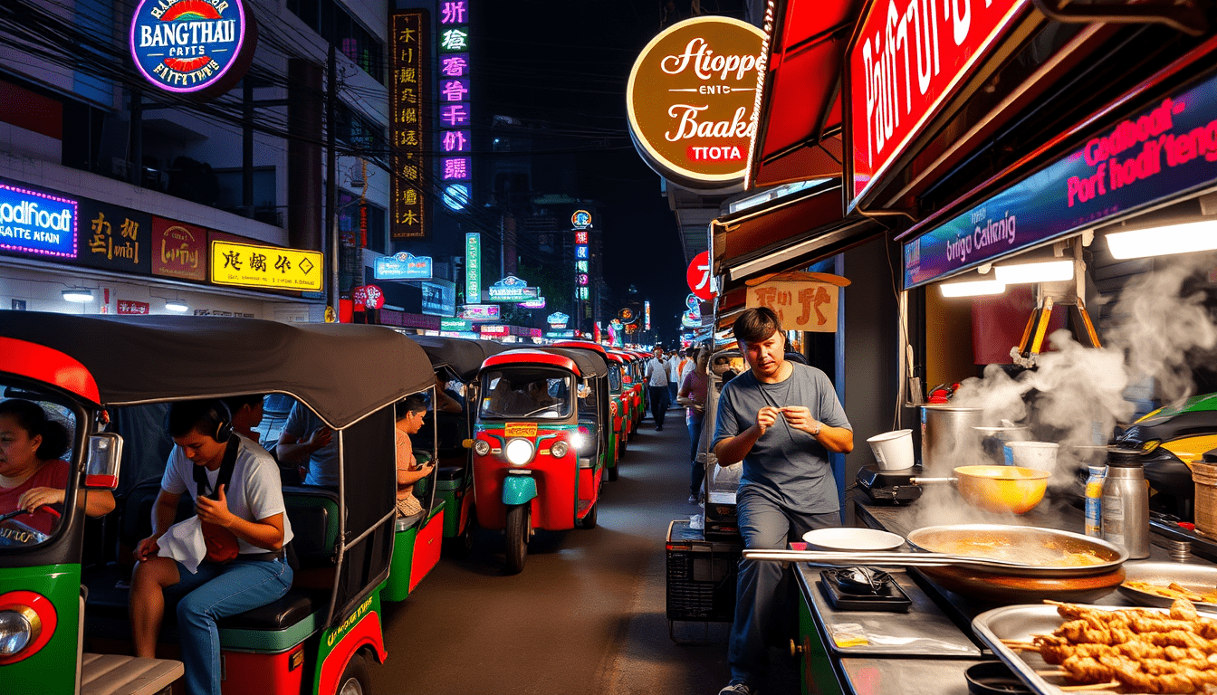 A photo realistic image of a vibrant Bangkok street at night with colorful Tuk Tuks parked near glowing signs