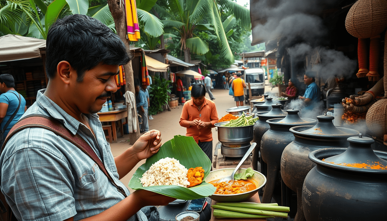 A photo realistic image of a vibrant Sri Lankan street food scene a traveler sampling rice and curry