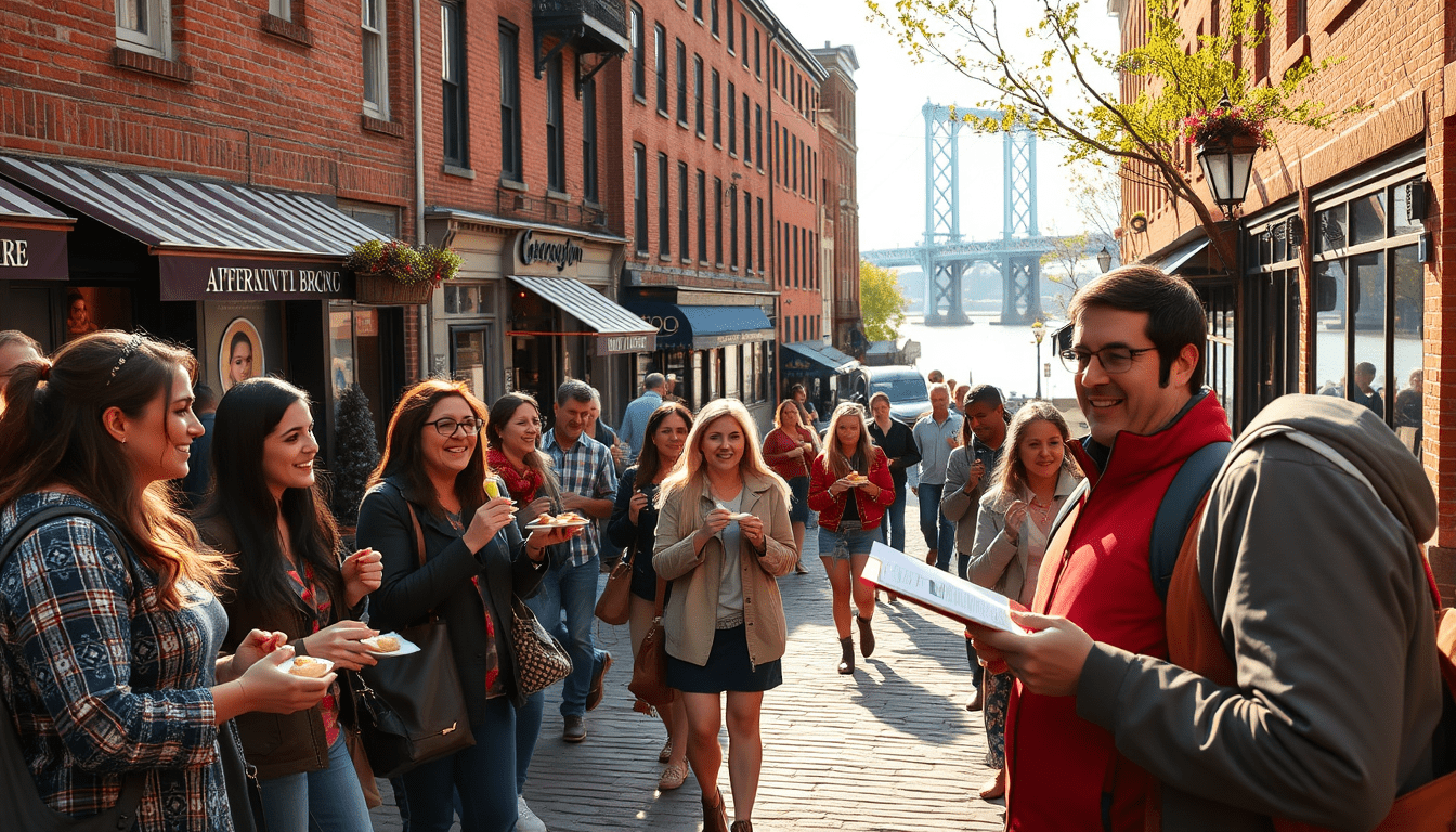 A vibrant street scene in Georgetown Washington D C showing a group of diverse people on a guided food tour