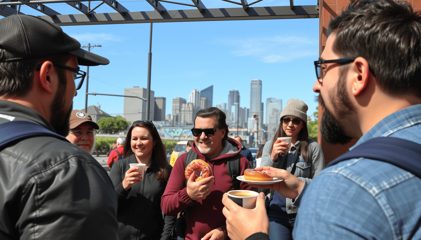 a photo realistic image of a small group of people on a Portland downtown coffee and donut
