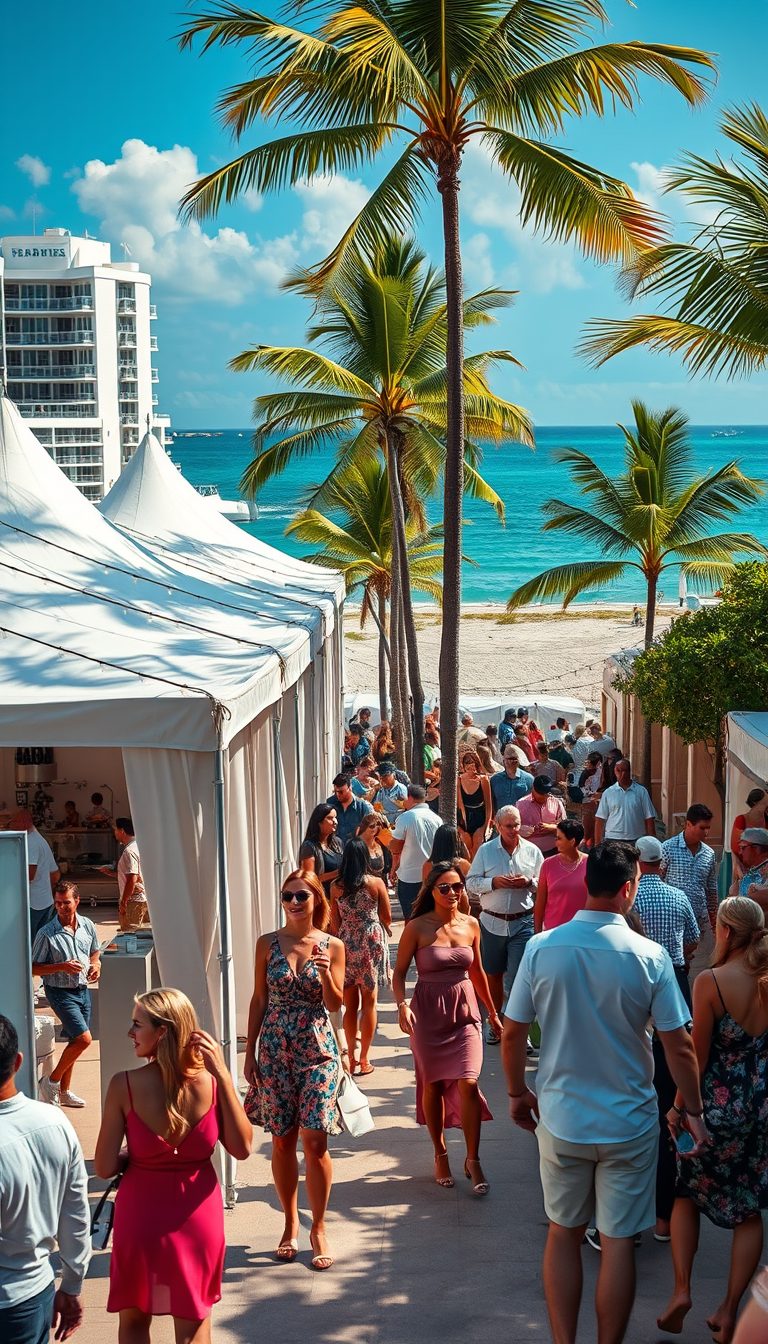 A photorealistic image capturing the lively atmosphere of the South Beach Wine Food Festival