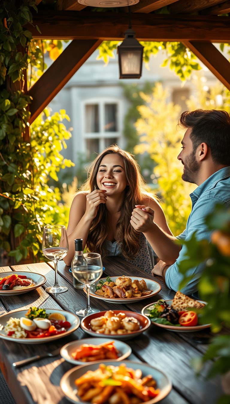 photorealistic image of a beautiful happy couple enjoying a meal together in a charming outdoor setting