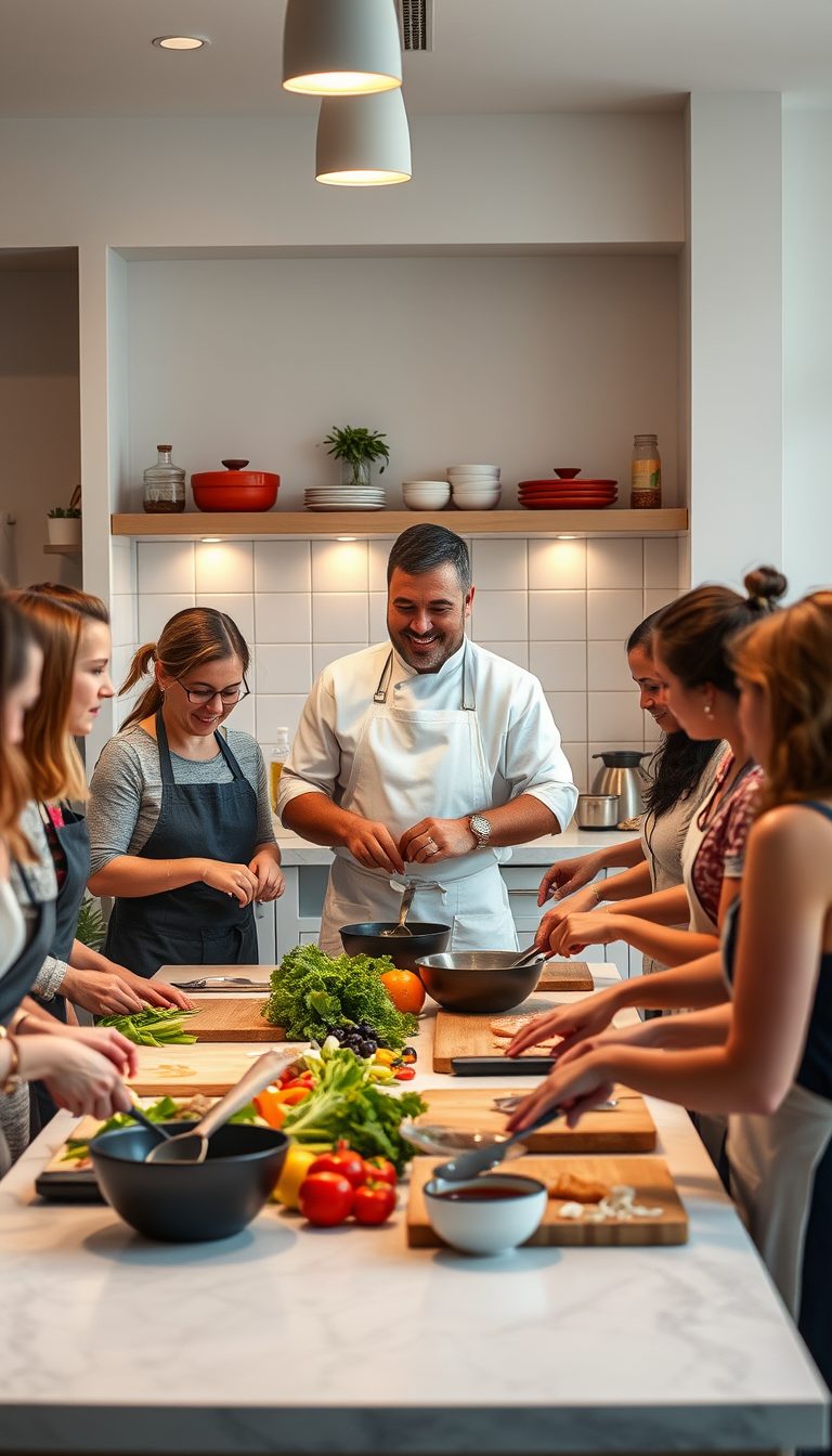 photorealistic image of an instructor led cooking workshop in a bright modern kitchen